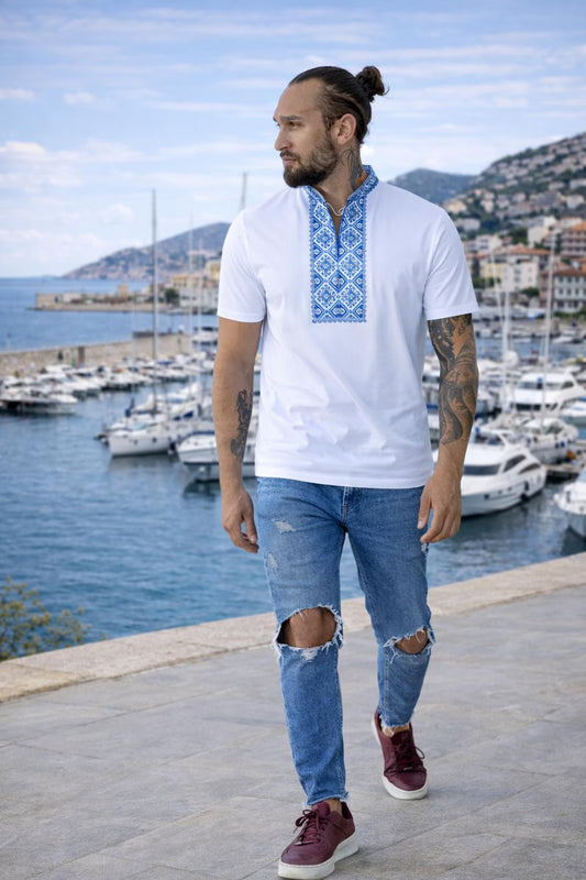Elegant White Embroidered Ukrainian T-Shirt for Men with Blue Embroidery