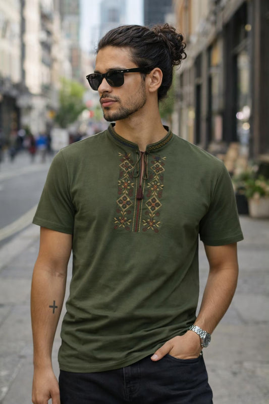 S-3XL  Modern Embroidered Ukrainian T-Shirt for Men Green Base with Beige Brown Embroidery