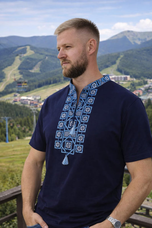 S-3XL Modern Slavic T-Shirt Blue Base with Blue Embroidery