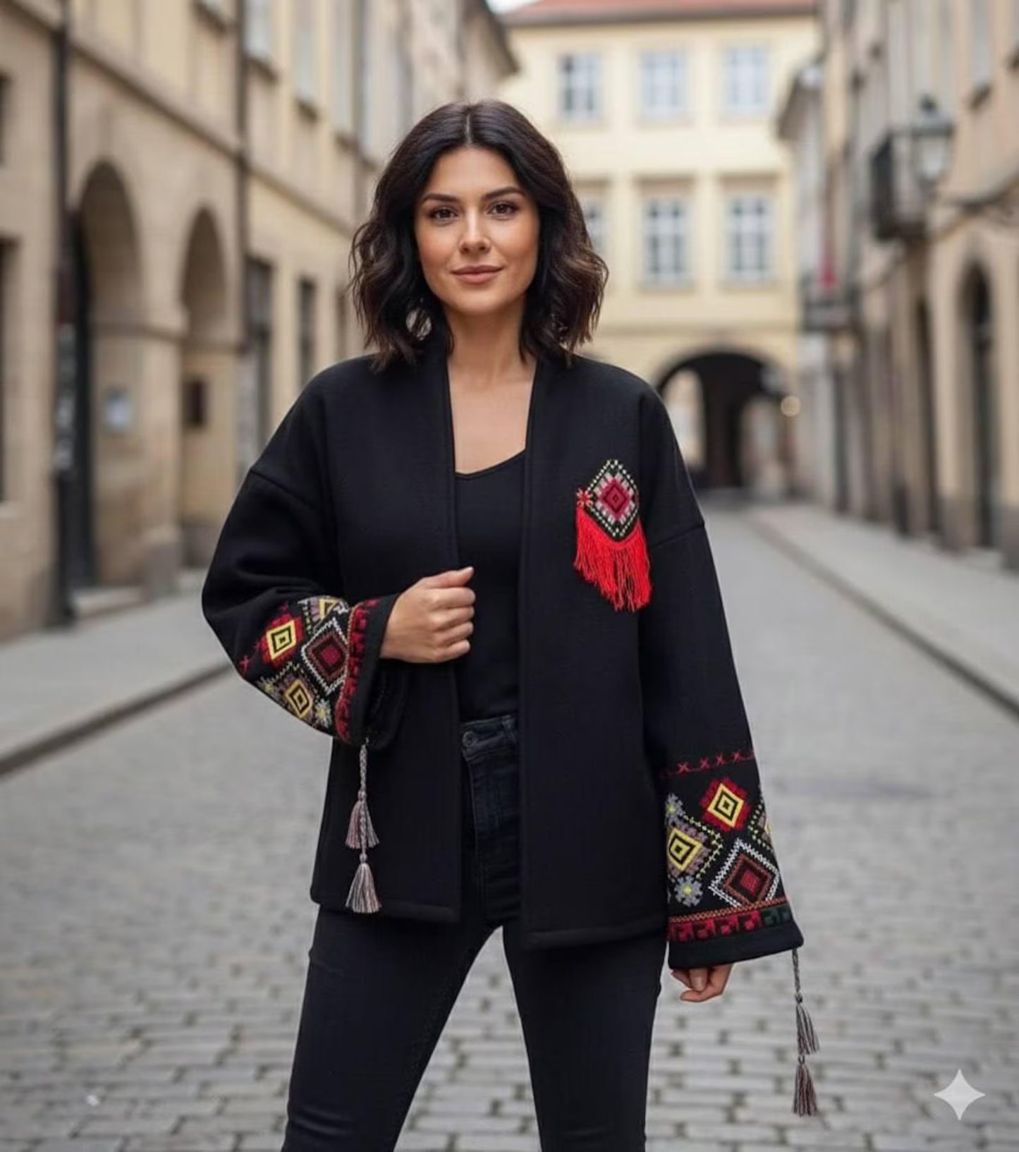 Charming Folk Style Jacket with Geometric Embroidery and Tassels