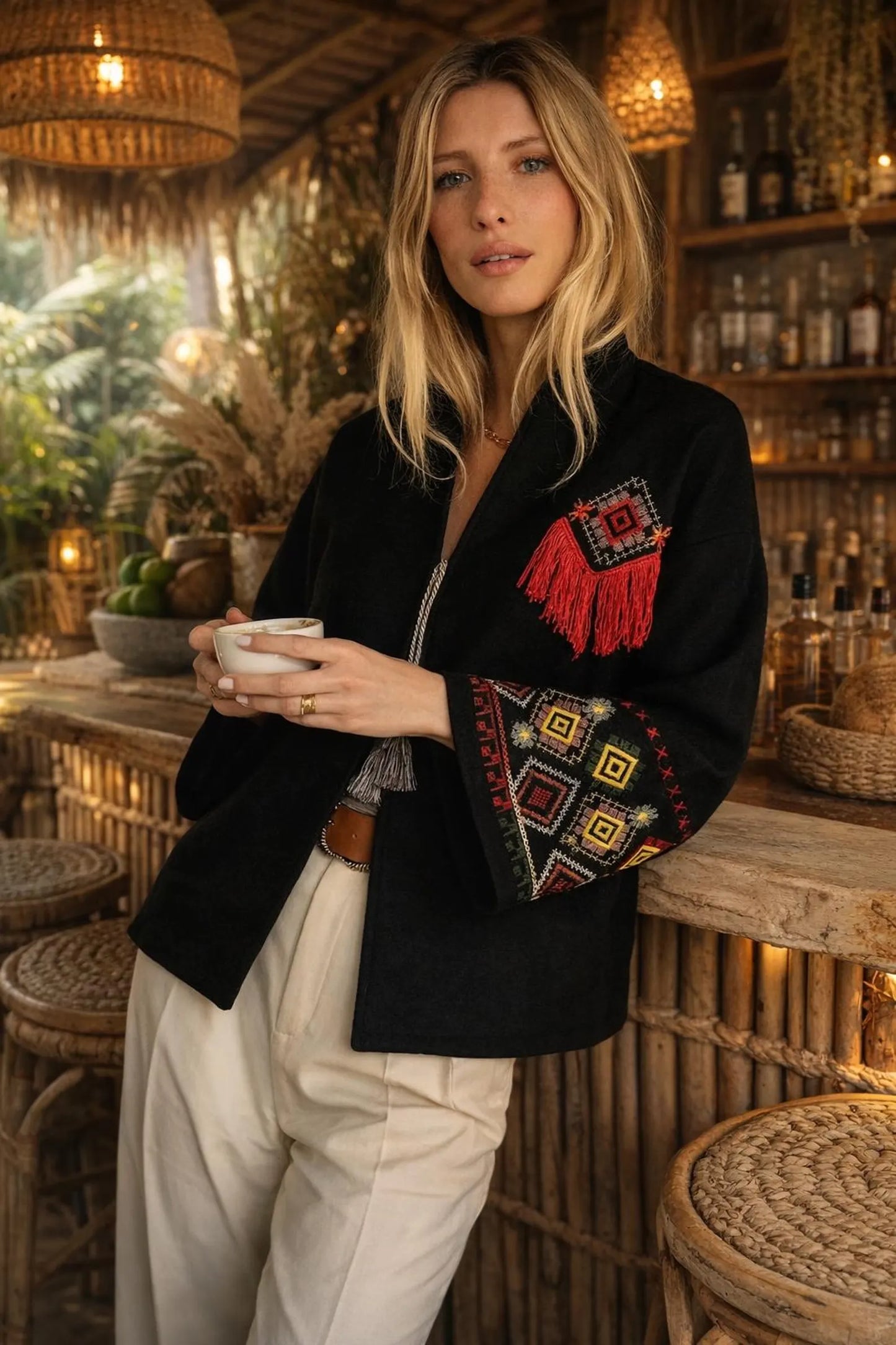Charming Folk Style Jacket with Geometric Embroidery and Tassels