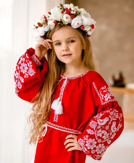 Beautiful Red Ukrainian Dress for Girls With Floral Embroidery