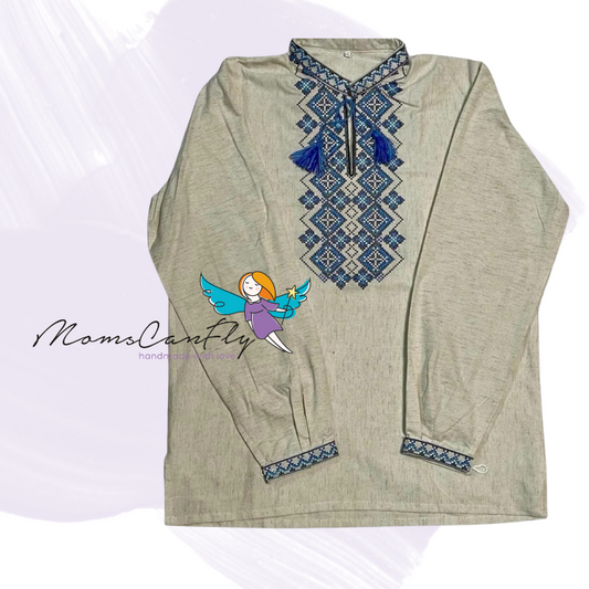 Linen Traditional Ukrainian Vyshyvanka Shirt for Men with Blue Embroidery