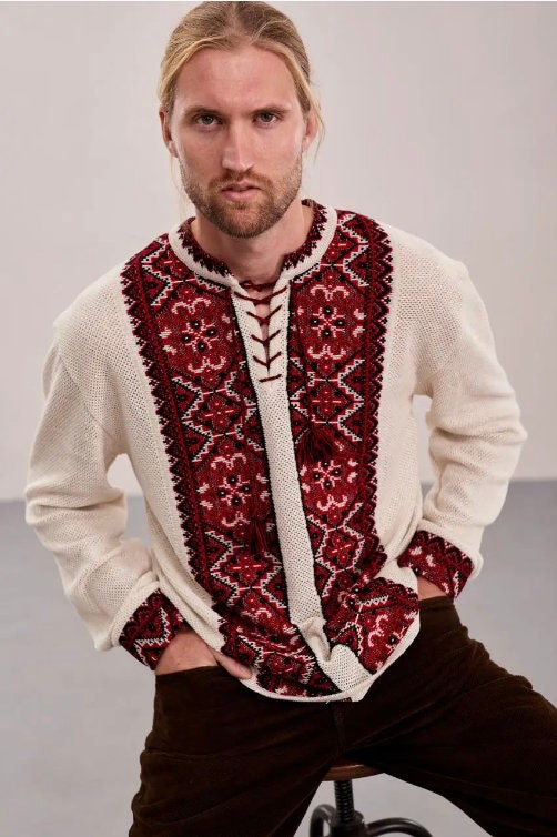 S-4XL Modern Linen Knitted Ukrainian Shirt for Men with Red Embroidery