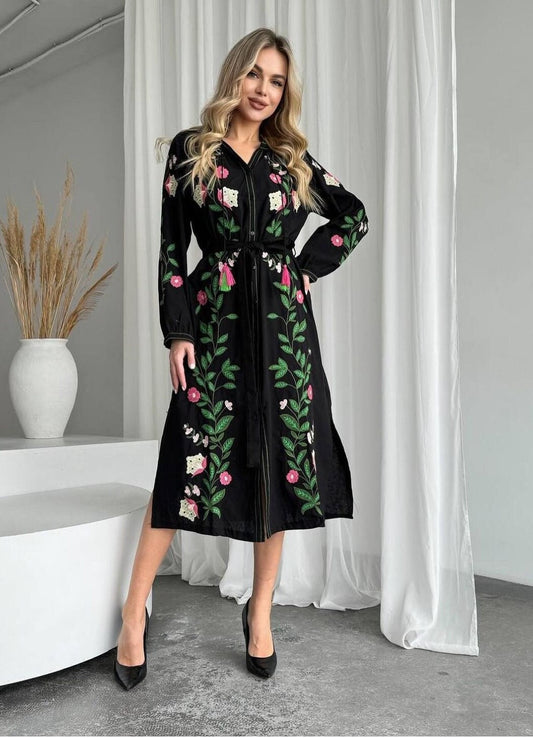 Radiant Black Summer Boho Resort Dress with Floral Embroidery