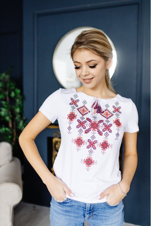 S-4XL Traditional Ukrainian T-Shirt for Women with Geomentric Embroidery