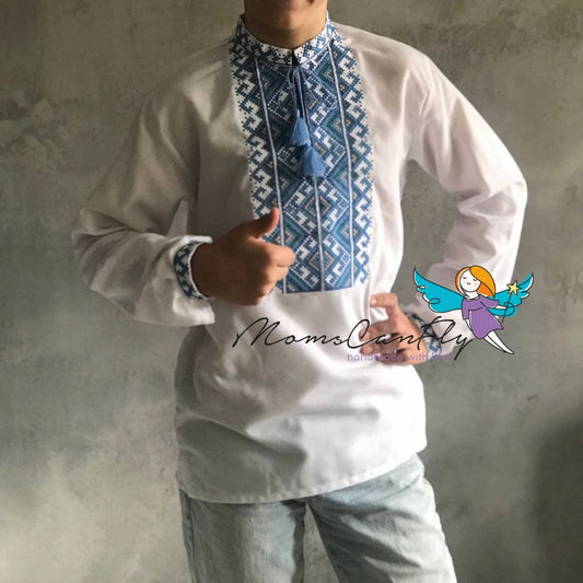 XXS-7XL Men Embriodered Sorochka Shirt Ukrainian Shirt with Blue Embroidery