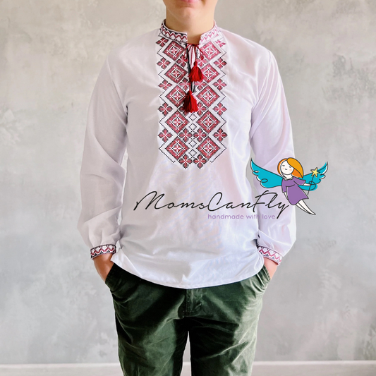 Traditional Ukrainian Long Sleeve Sorochka Shirt for Men with Red Embroidery