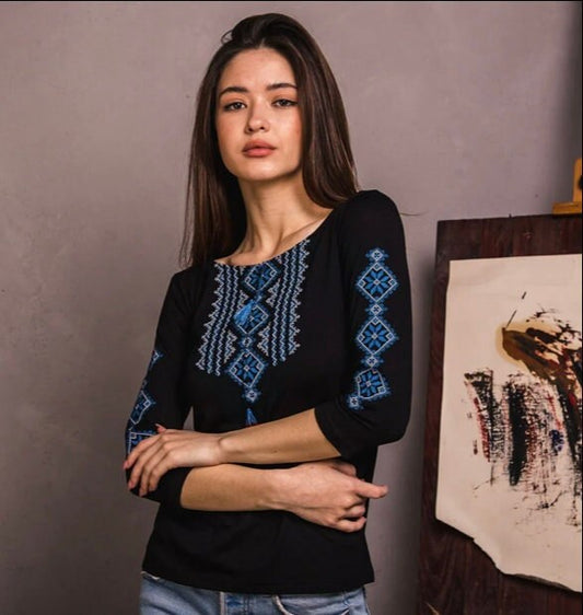 Statement Black Ukrainian Blouse with Blue Geometric Embroidery