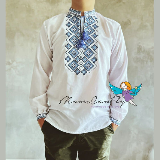 Traditional Ukrainian Vyshyvanka Long Sleeve Shirt with Blue Embroidery for Men