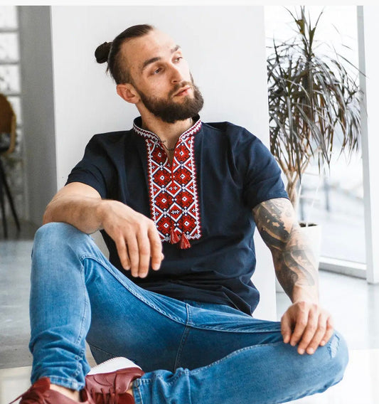 S-3XL Embroidered Ukrainian T-Shirt for Men Black Base with Traditional Red Embroidery