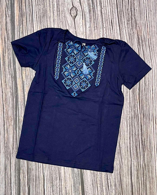 2-12YO Traditional Folk Blue Ukrainian T-Shirt for Girls with Geometric Pattern