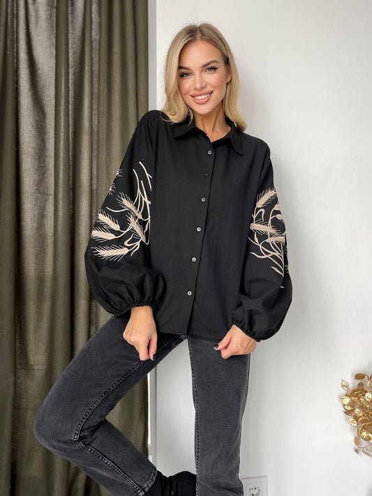 Vyshyvanka Embroidered Summer Shirt for Women Bold Black Base with Rye Corn Motif