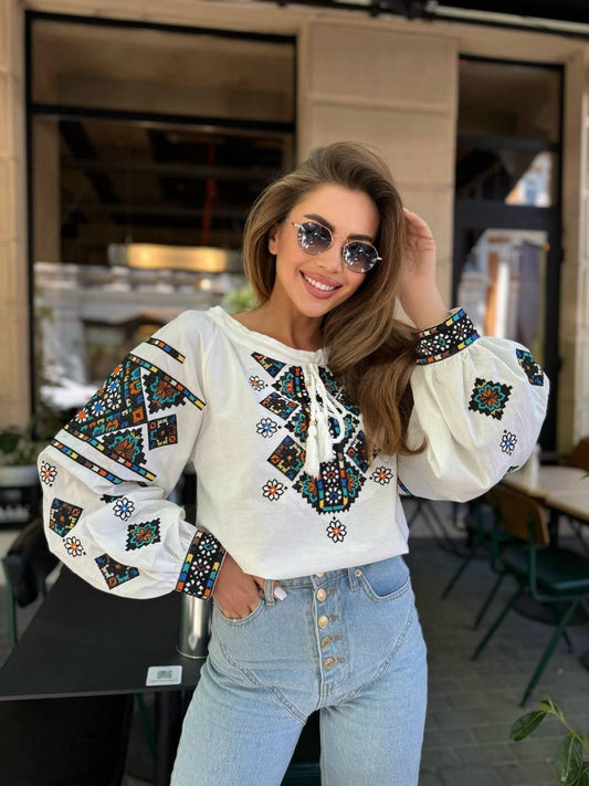 Folk Nouveau Bohemian Style Embroidered Blouse for Women