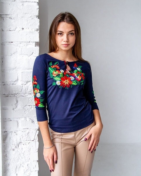 S-4XL Navy Ukrainian Vyshyvanka Blouse with Floral Embroidery | Women’s Traditional Embroidered Shirt