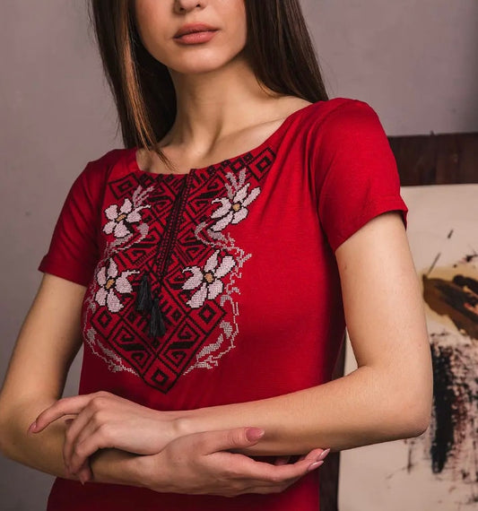 S-3XL Red Ukrainian Embroidered T-Shirt with Geometric Motif & Floral Accents