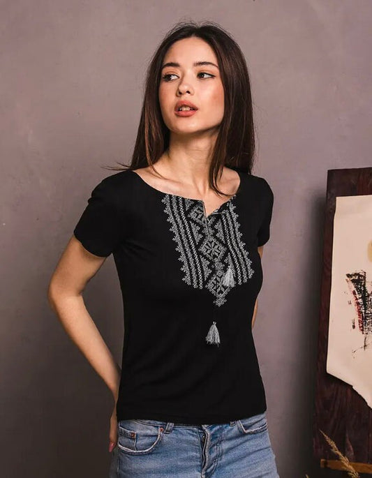 S-3XL Black Ukrainian Embroidered T-Shirt with Grey Geometric Pattern & Tassels