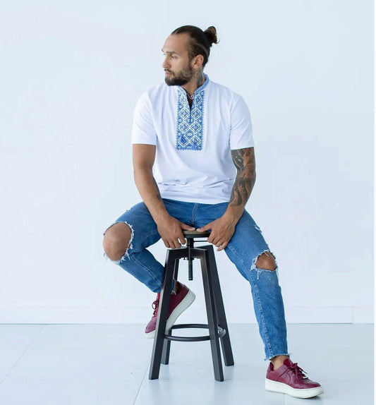 Elegant White Embroidered Ukrainian T-Shirt for Men with Blue Embroidery