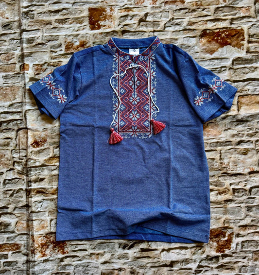 Ukrainian Boy’s Blue Cotton T-Shirt with Embroidery Ages 1–12