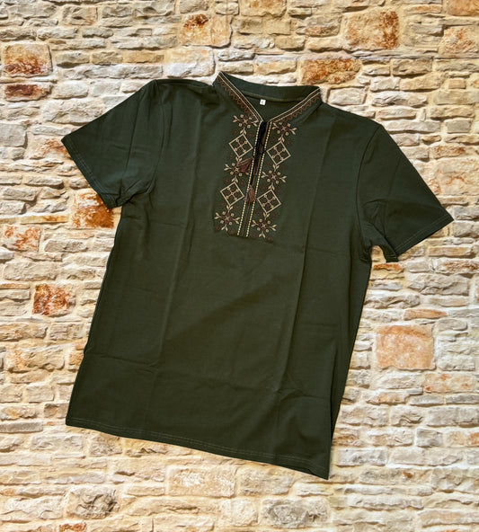 S-3XL  Modern Embroidered Ukrainian T-Shirt for Men Green Base with Beige Brown Embroidery