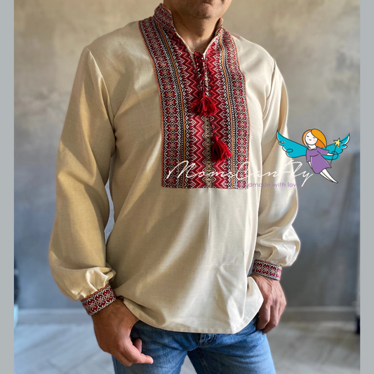 XXS-7XL Traditional Beige Linen-Gabardine Embroidered Shirt for Men – Red Embroidery Pattern