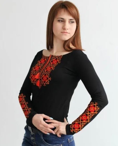 Modern Black Vyshyvanka Blouse with Red and Orange Geometric Embroidery