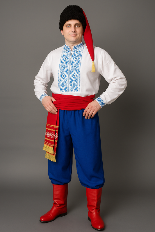 Blue Adult Folk Ukrainian Cossak Costume with Hat Sharovary and Shirt