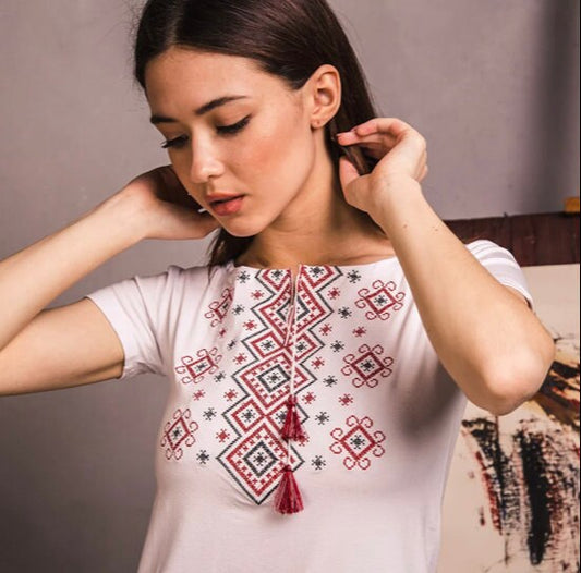S-3XL White Embroidered Ukrainian T-Shirt with Red & Black Geometric Motif