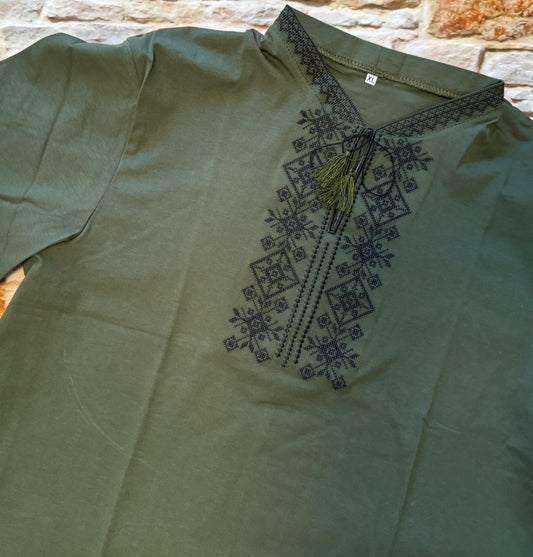 Khaki Green Embroidered Ukrainian T-Shirt for Men Heritage Meets Modern Vibe