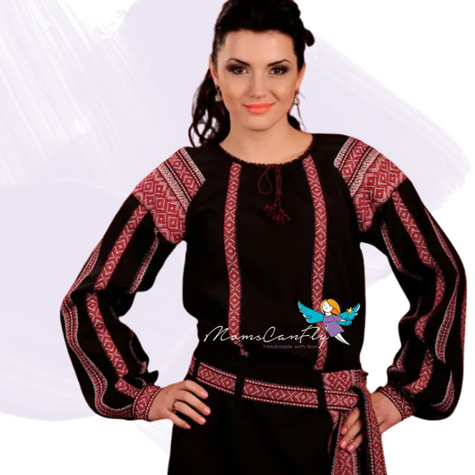 S-6XL Black Traditional Ukrainian Embroidered Blouse with Red Folk Motifs