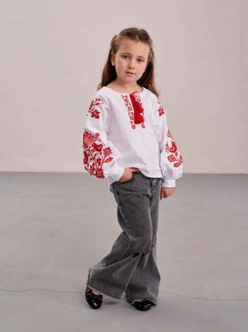 Modern Cotton Ukrainian Vyshyvanka Blouse for Girls with Red Embroidered Bird Motif
