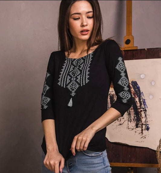 Boho Black Ukrainian Blouse with Grey Geometric Embroidery