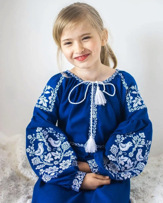 Beautiful Blue Vyshyvanka Ukrainian Dress for Girls With Floral Embroidery