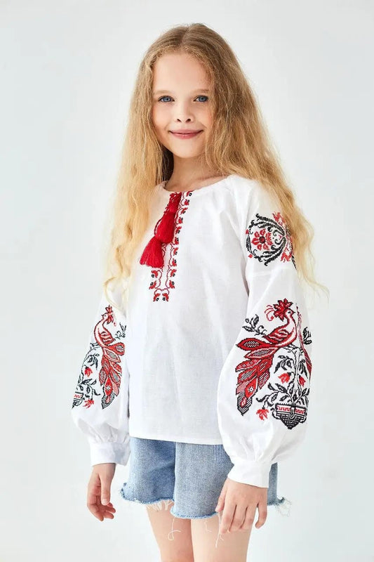 Amazing White Ukrainian Cotton Phoenix Embroidered Ukrainian Blouse for Girls