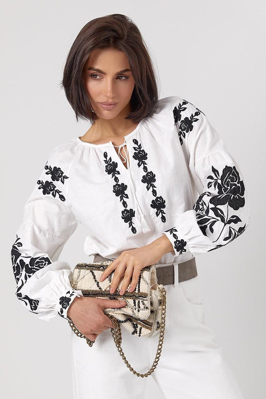 S-XL Elegant White Boho Blouse for Women with Floral Embroidery