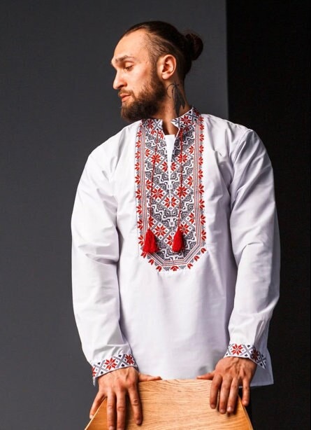XS-5XL Elegant Modern Vyshyvanka for Men with Red Black Embroidery