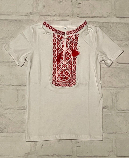 2-13YO Traditional White Ukrainian T-Shirt for Boys with Red Embroidery