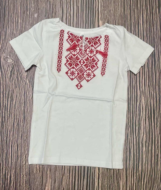 2-12YO Modern White Ukrainian T-Shirt for Girls with Red Embroidery