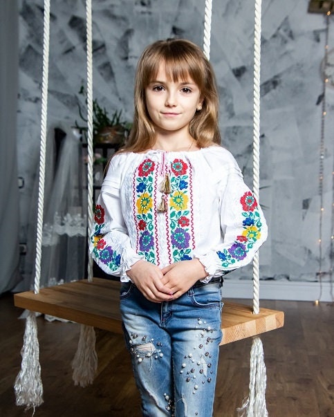 Modern Floral Ukrainian Vyshyvanka Blouse for Girls with Bold Floral Pattern