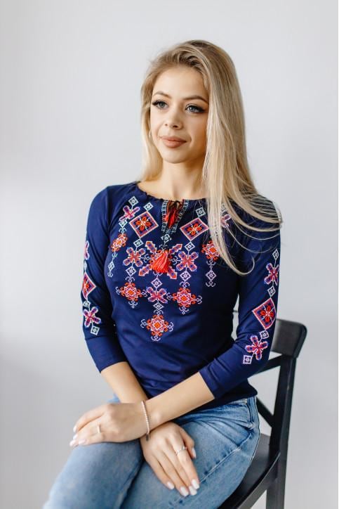 Symbolic Navy Blue Ukrainian Blouse with Red Geometric Embroidery